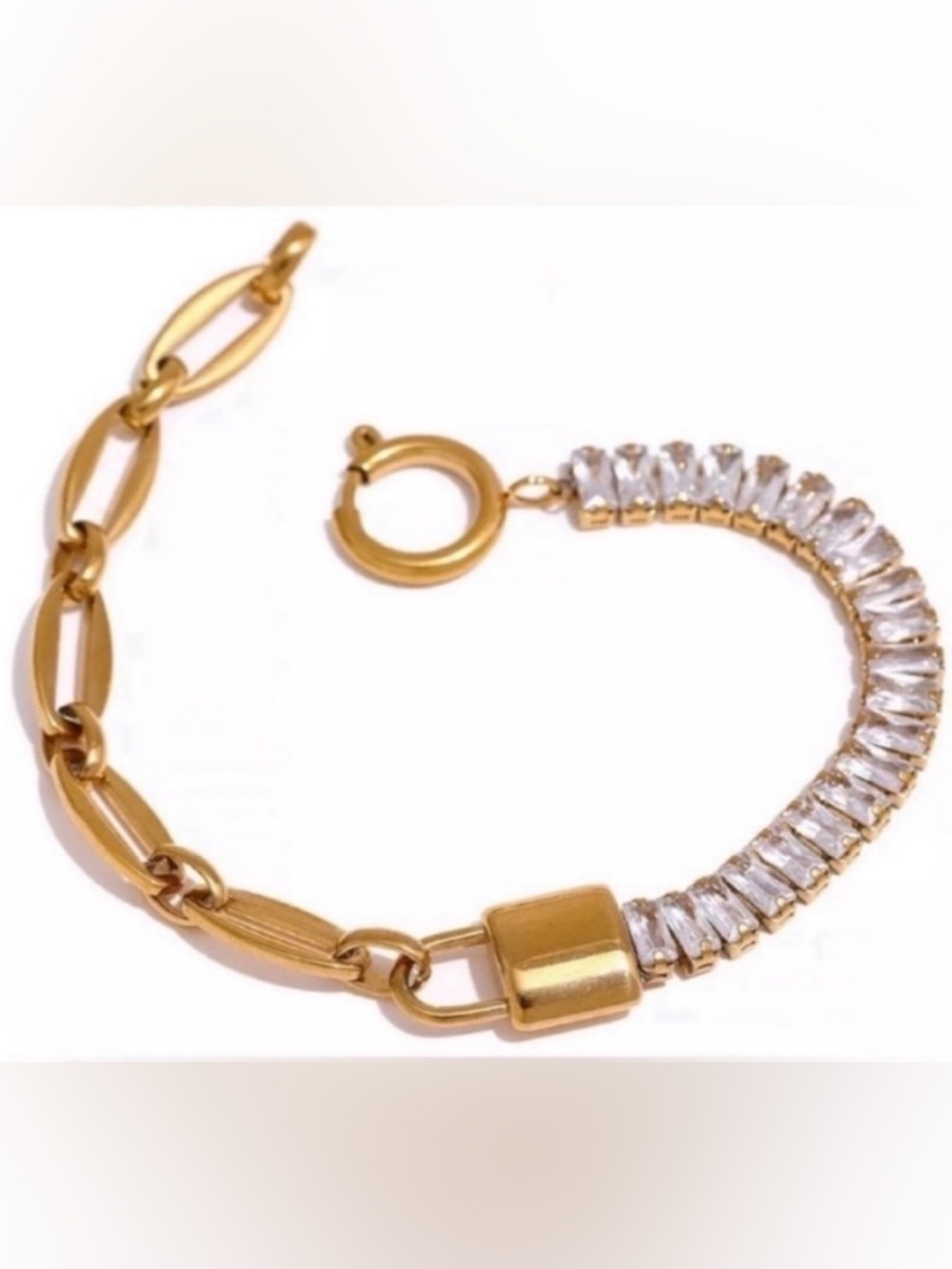 Gold Plated Waterproof Lock Chain Bling Cubic Zirconia Bracelet Sparkly New